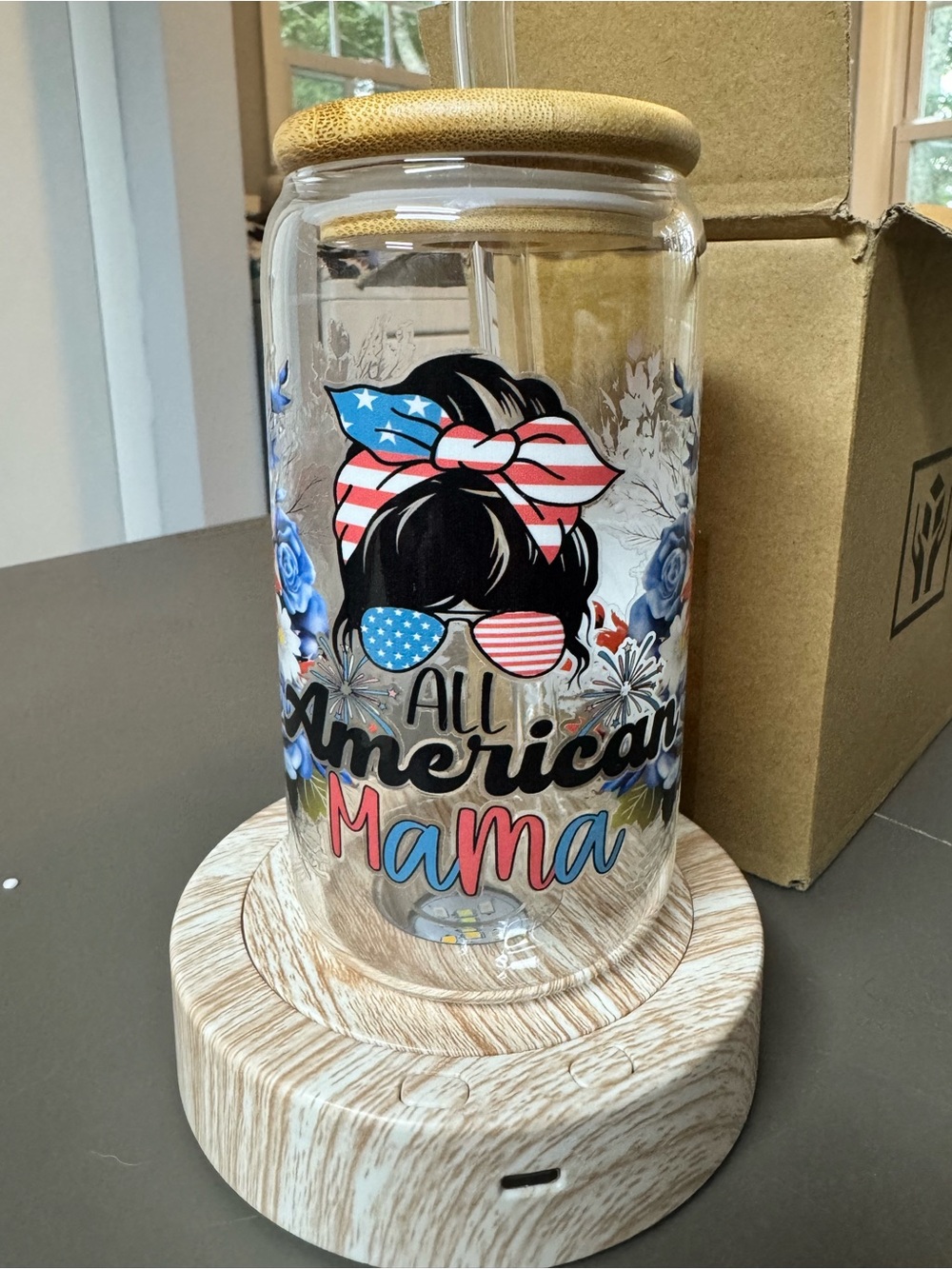 All American Mama Glass Jar with Patriotic Red, White & Blue Design